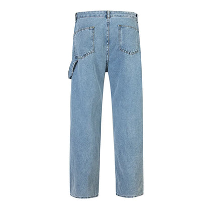 new contrast color pockets washed blue baggy denim trousers mens and women straight patchwork loose casual jeans oversize cargos military streetwear pants