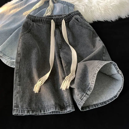 American denim shorts men's summer thin denim shorts elastic waist loose American retro high street pants men clothing y2k tops Street King Limited