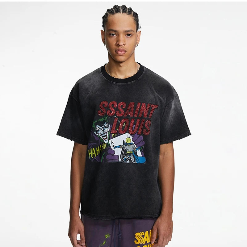2024ss Saint Louis T-shirts Men Woman Good Quality Cotton Loose Wash White Nightmare Debris Printing Top Tees Street King Limited
