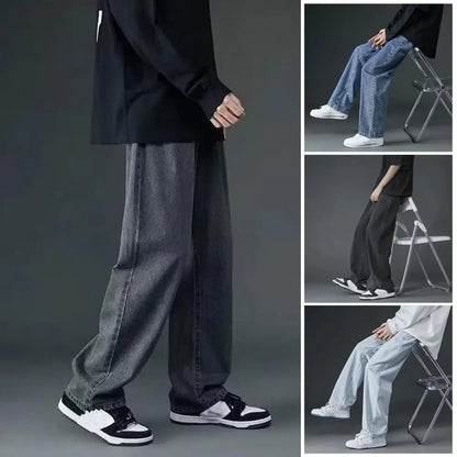 korean mens casual long jeans loose retro straight baggy pants denim wide leg pants light blue grey black retro washed jeans unique jeans style 1227