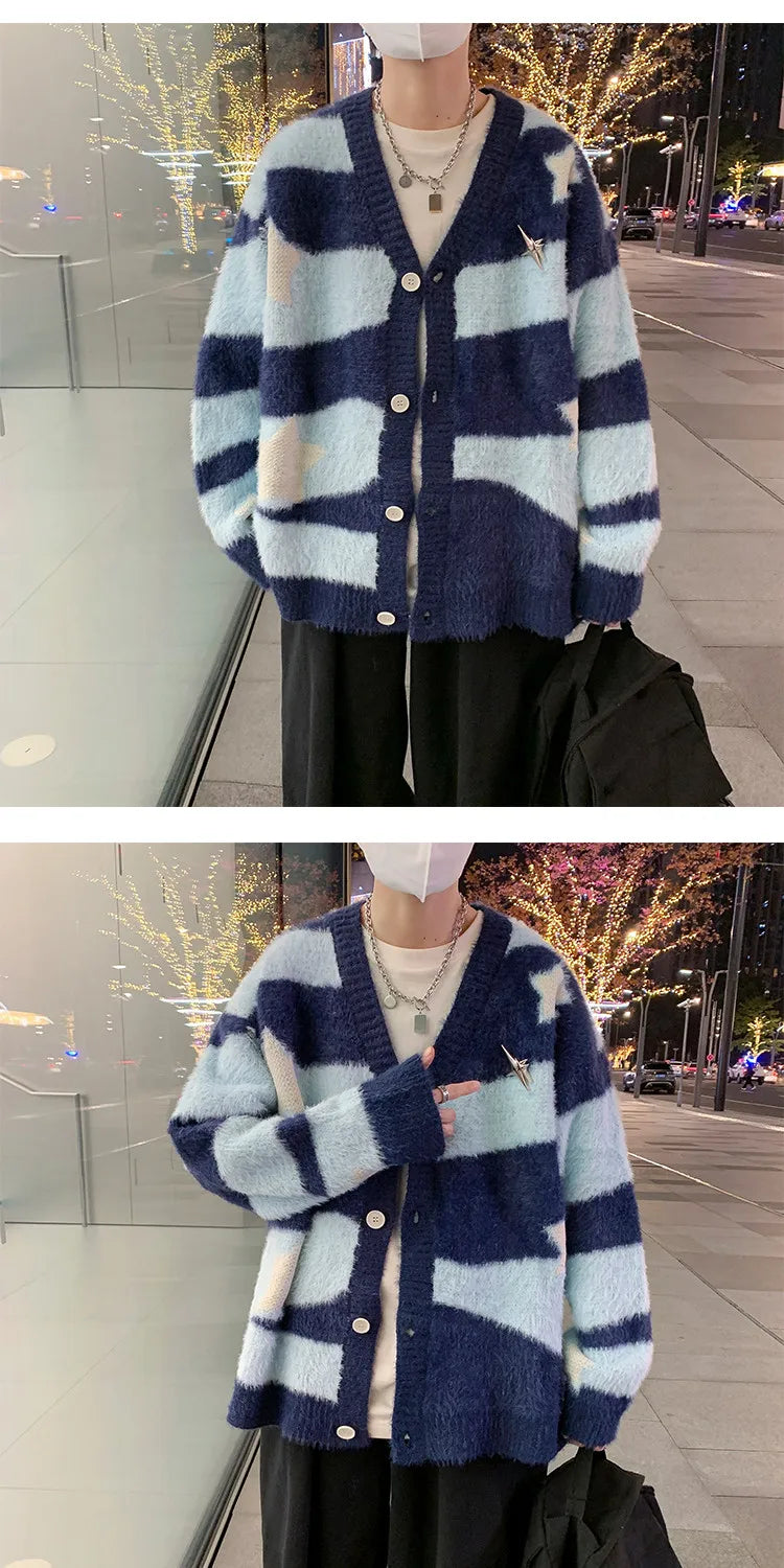 Knitted Cardigan Sweater Men Women Autumn Patchwork Knitted Jumpers Harajuku Loose Hip Hop Streetwear Y2K Star Pattern Jackets Street King Limited