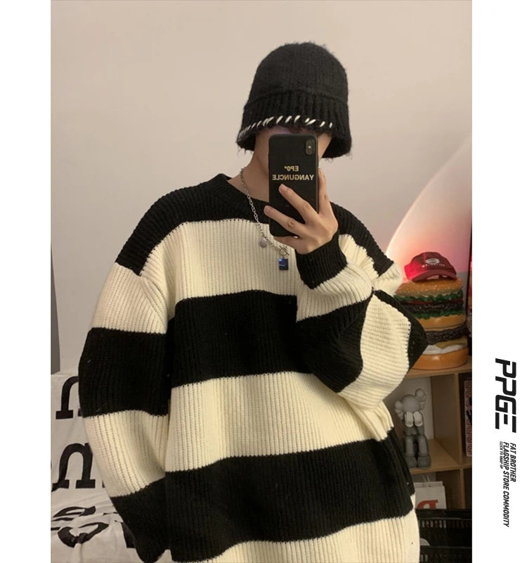 2023 striped sweaters lazy mens knitwear autumn and winter new outerwear trendy brand high end thread clothing men pullover minimalist street pants