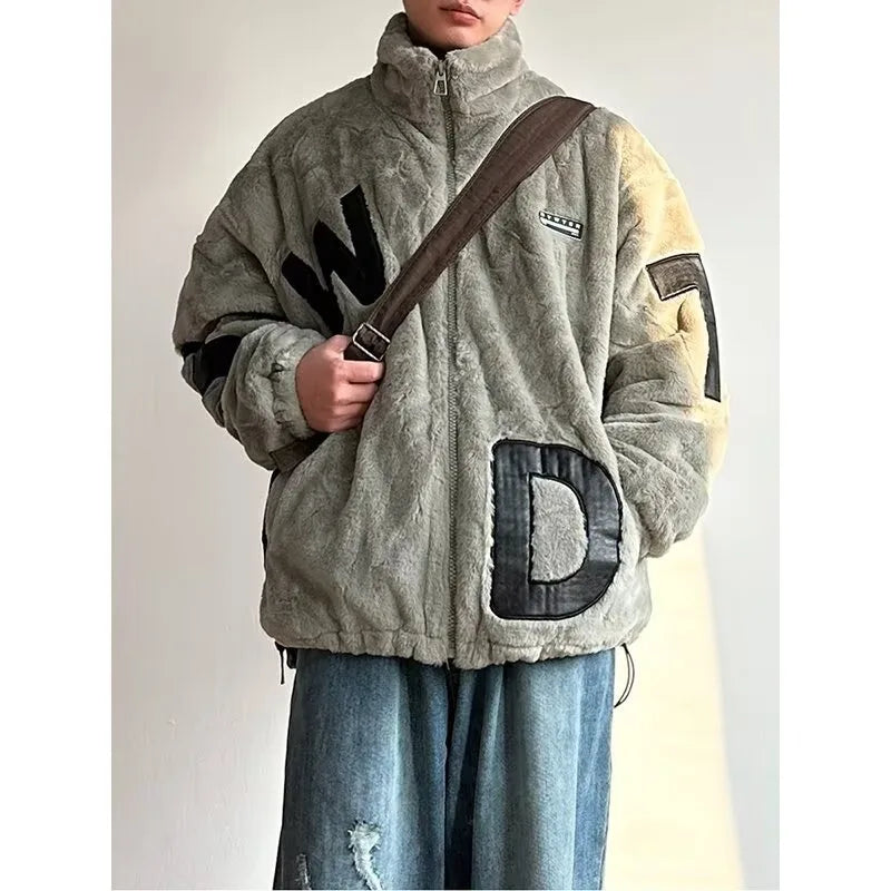 Street Lamb Wool Jacket Mens 2024 Winter Stand Collar Letter Patchwork College Parkas Fleece Warm New Thickening Couple Coats Street King Limited