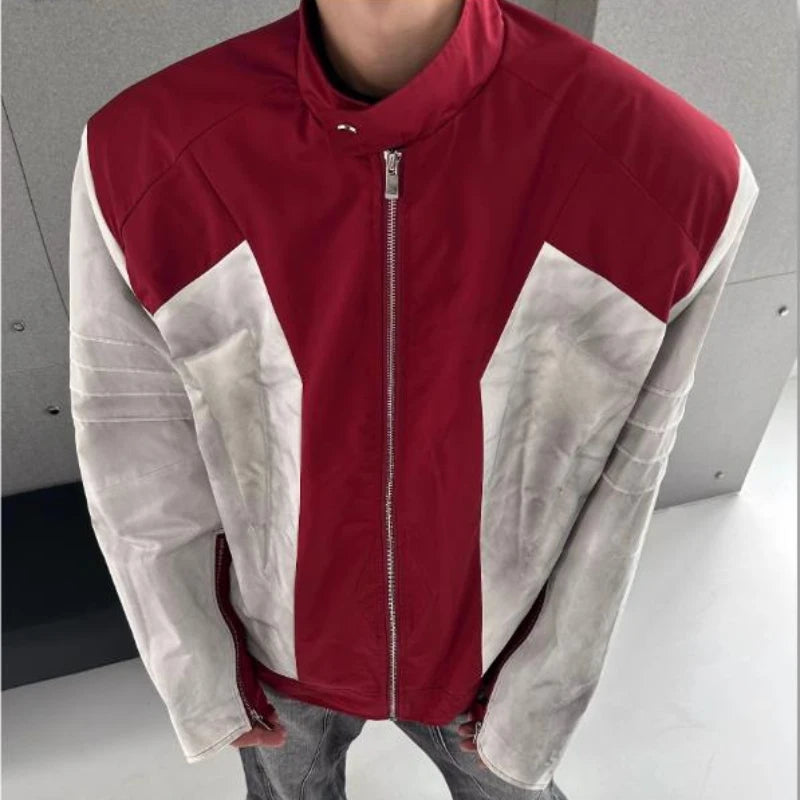 street american color block mens jacket 2024 new autumn zipper patchwork shoulder pads racing coats motorcycle windbreaker clean everyday pants