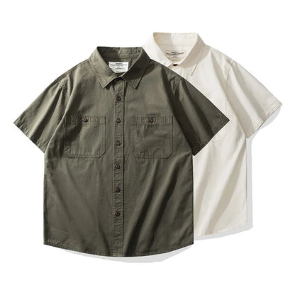 Men's Japanese Short Sleeve Cargo Shirt, Solid Color, Simple Fashion, Engineer Casual Shirt, 100% Cotton, New, Summer Street King Limited