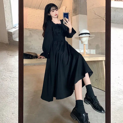 Black Elegant Dress Women Vintage Long Sleeve Spring Autumn Dresses Square Collar Oversize Loose Casual Robe Streetwear Street King Limited
