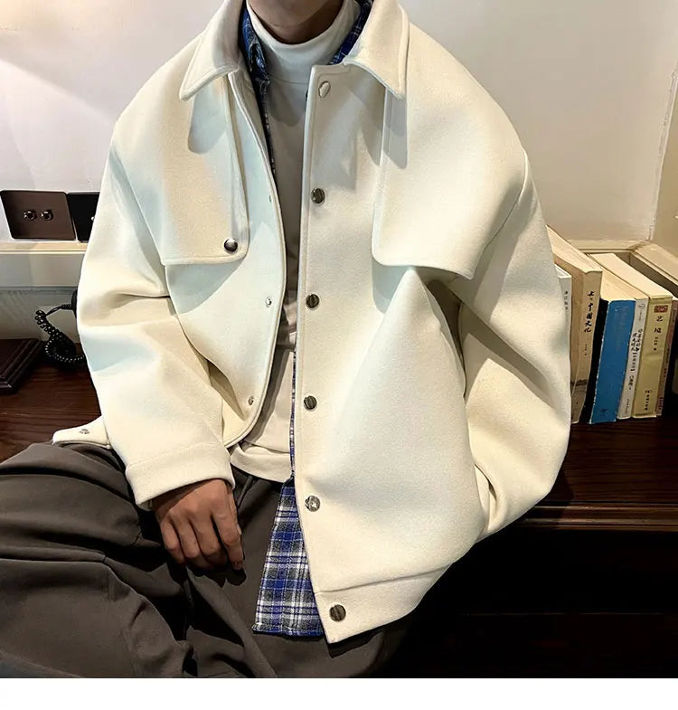 Winter Short Woolen Coat Men Warm Retro Thickened Woolen Jacket Men Streetwear Korean Loose Woolen Coat Mens Oversized Overcoat Street King Limited