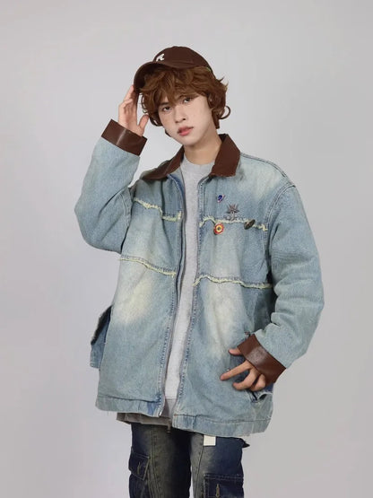 burr edge vintage mens denim jacket spring american patchwork lapel washed cowboy coats loose harajuku couple outwear new unique jeans style 2216