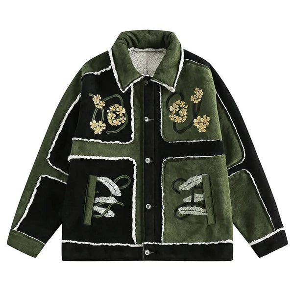 Men Suede Plush Jacket Vintage Floral Embroidery Color Matching Lamb Wool Fleece Coat Lapel Loose Thicken Outwear Unisex Street King Limited