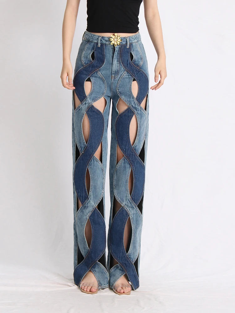 womens hollow jeans spring trend personality high waist zipper casual wide leg pants fashion casual clothing y2k pants jeans unique jeans style 59