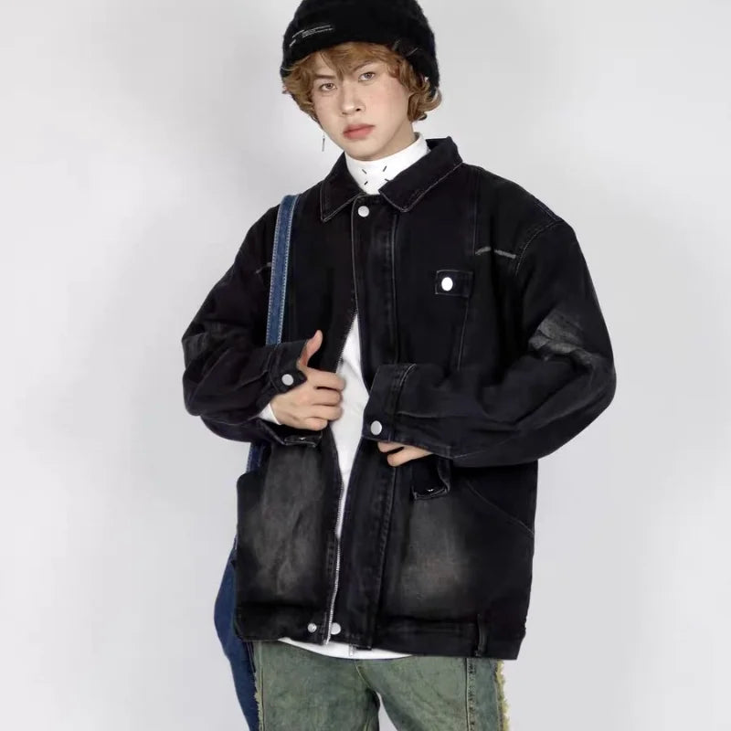 high street washed denim jacket mens 2024 spring trend oversize hip hop male coats color blocking motorcycle street outwear y2k denim street jeans
