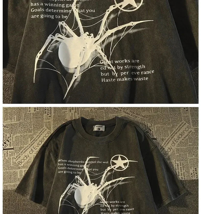American Retro Street Spider Graphic T-Shirt - Loose Fitting College Style Couple Short-Sleeved Top for Men and Women Summer Street King Limited