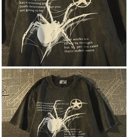 American Retro Street Spider Graphic T-Shirt - Loose Fitting College Style Couple Short-Sleeved Top for Men and Women Summer Street King Limited