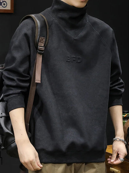 Autumn Suede Turtleneck Long Sleeve Sweatshirts Men Letter Foam Print Patchwork Crewneck Pullover Hoodie Y2K Streetwear Clothes Street King Limited