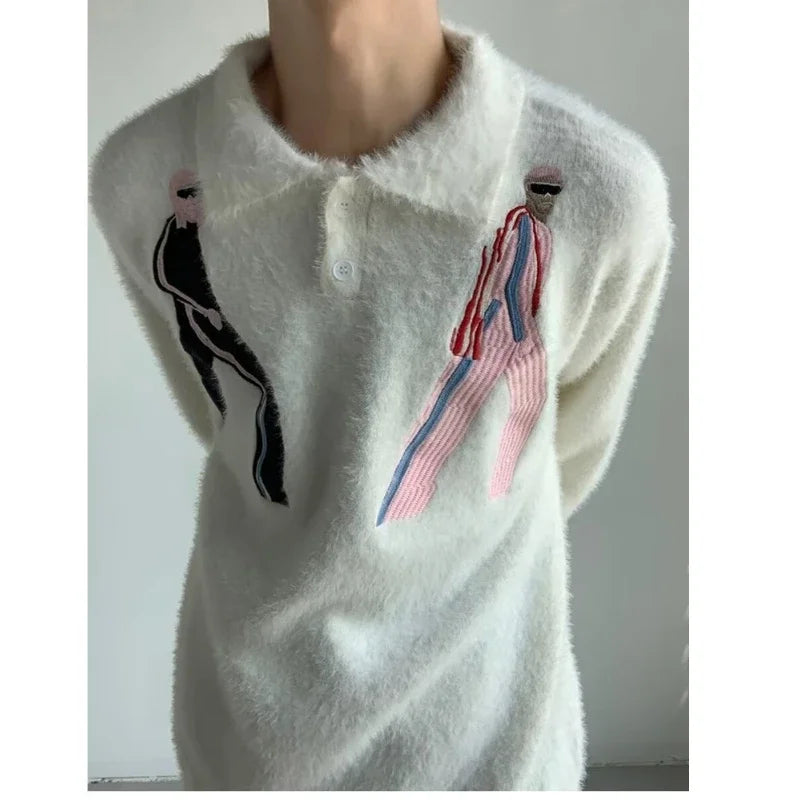 Korean Embroidery Lapel Sweater Mens Spring Street Trends Soft Seahorse Hair Loose Pullover Thickening Y2K Couple Knitwear New Street King Limited