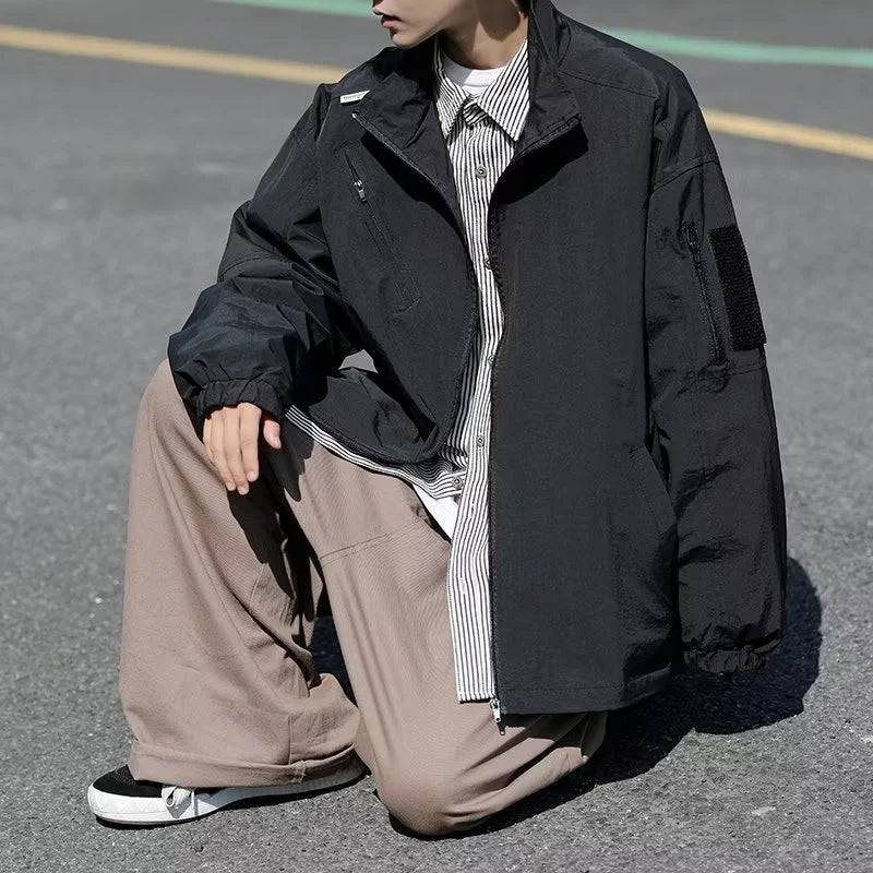Outdoor Mens Charge Jacket Retro Loose Stand Collar Waterproof Tooling Coats Thin Color Blocked Zipper Hiking Windbreaker Street King Limited