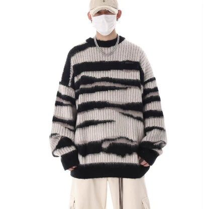 korean hip hop set men striped vintage knit sweater drawstring big pocket cargo pants 2 pcs set spring college casual suit 2024 utility cargo pants