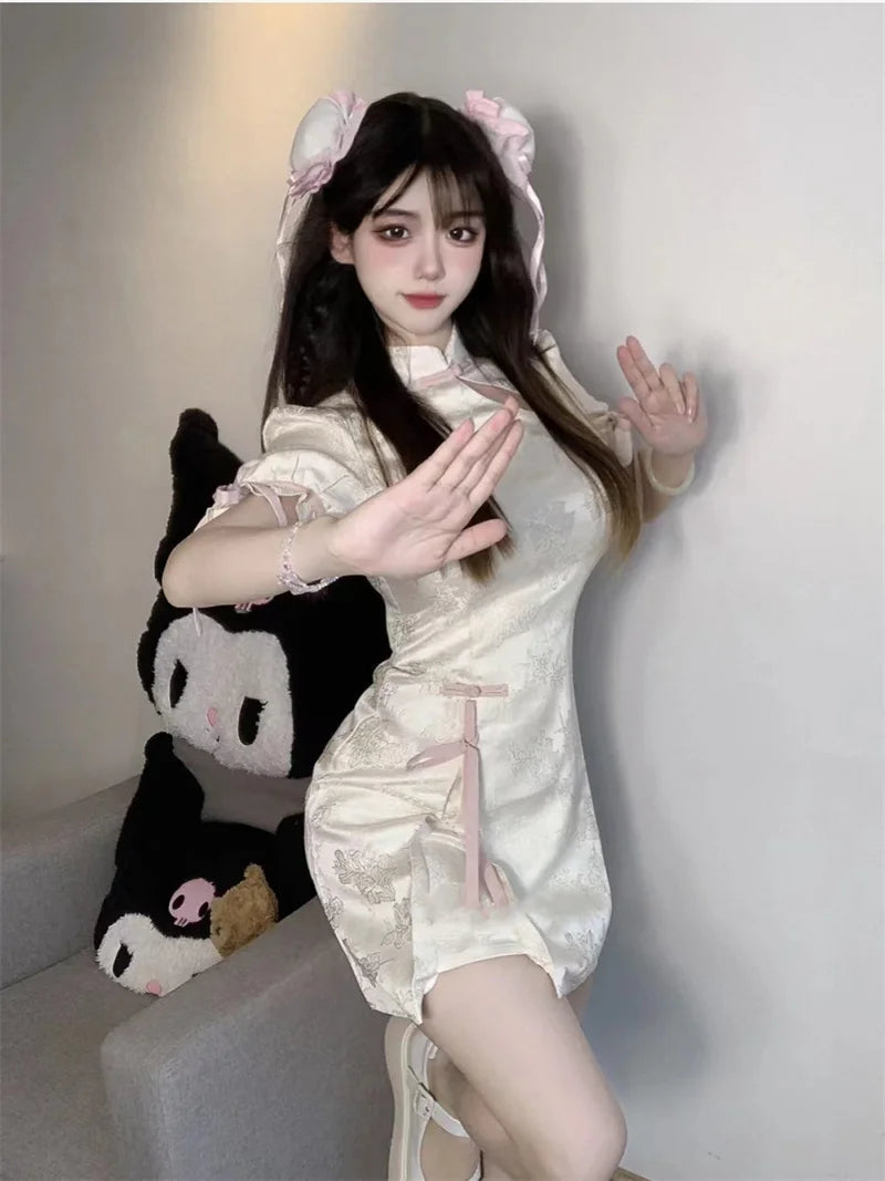 Vintage Chinese Style Cheongsam High Split Mini Dress 2024 Tie Dye Gothic Women Aesthetic Bandage Dresses Y2k Sexy Bodycon Robe Street King Limited