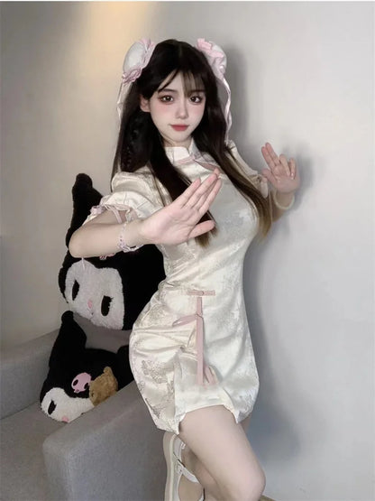 Vintage Chinese Style Cheongsam High Split Mini Dress 2024 Tie Dye Gothic Women Aesthetic Bandage Dresses Y2k Sexy Bodycon Robe Street King Limited