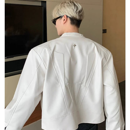 high street motorcycle pu leather jacket men hip hop trend shoulder padded coat street fashion stand collar zipper short outwear unique shorts style 1944
