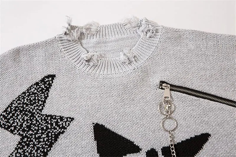 Deeptown Goth Punk Women's Ripped Knitted Sweater Gothic Vintage Jumper Grunge Y2k Knitwear Oversized Autumn Fashion Harajuku Street King Limited
