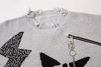 Deeptown Goth Punk Women's Ripped Knitted Sweater Gothic Vintage Jumper Grunge Y2k Knitwear Oversized Autumn Fashion Harajuku Street King Limited