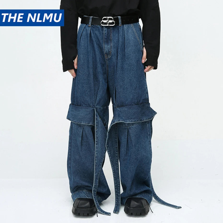 men fashion baggy jeans irregular patchwork loose straight denim pants 2023 new man blue casual oversized jeans trouser denim street jeans