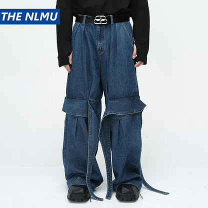 men fashion baggy jeans irregular patchwork loose straight denim pants 2023 new man blue casual oversized jeans trouser denim street jeans