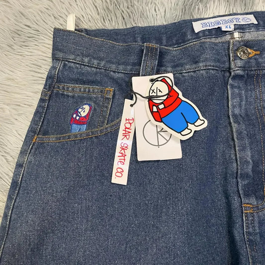 polar big boy y2k pants hip hop cartoon streetwear jeans embroidery retro blue baggy jeans mens womens high waist wide trouser stacked flare jeans