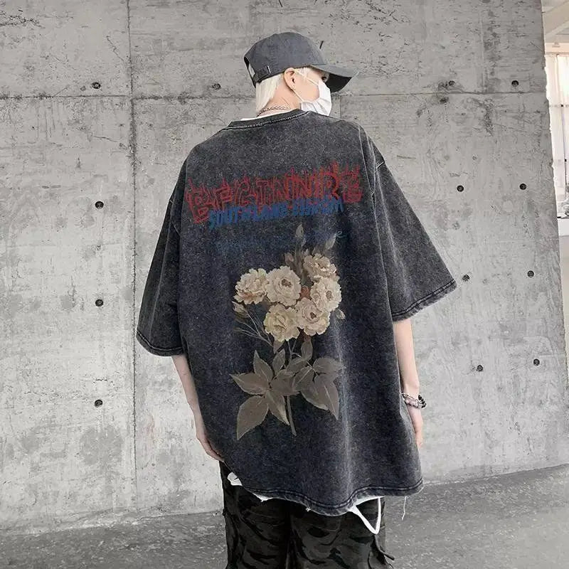Short-sleeved T-shirt men's summer new style washed and distressed American retro handsome thin loose heavy cotton T-shirt tops Street King Limited