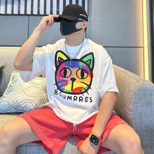 Summer new heavyweight cotton kitten cartoon pattern T-shirt casual cotton loose round neck couple short sleeves women clothing Street King Limited