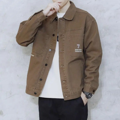 american retro workwear jacket for boys loose spring and autumn high street japanese style khaki casual trendy denim jacket tops unique jeans style 4872