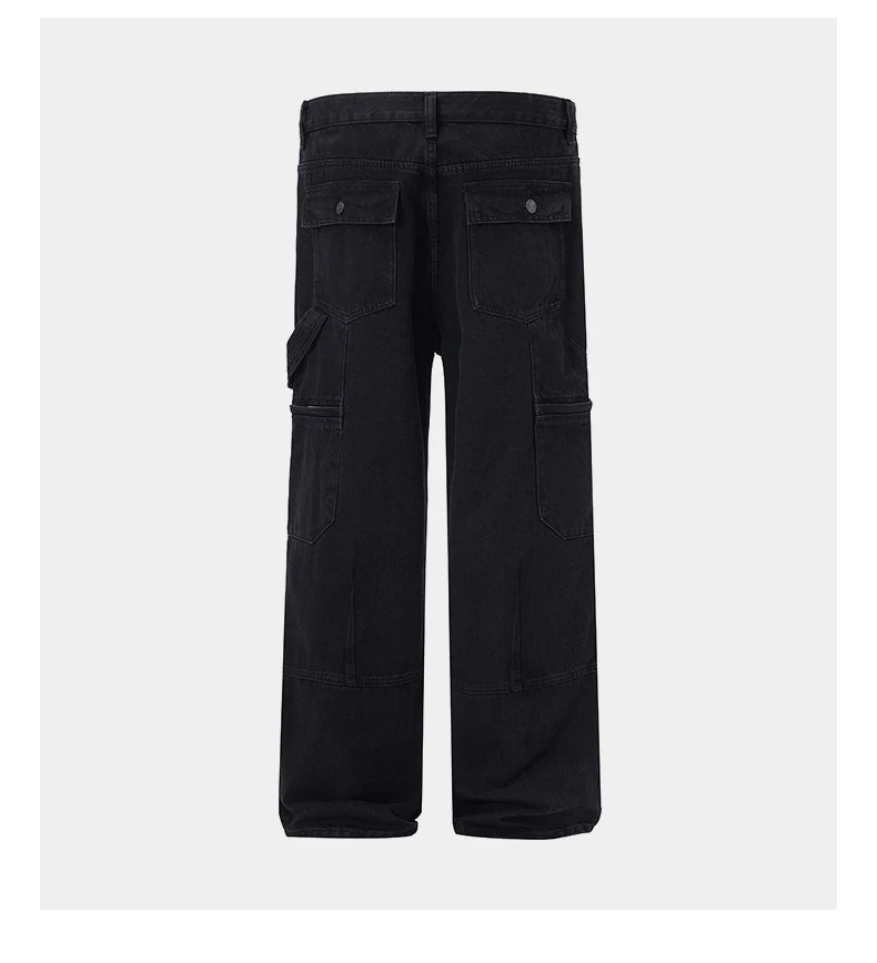 men american streetwear fashion loose casual hip hop wide leg black denim baggy jeans pants man y2k cargo jeans trousers unique cargo style 2208