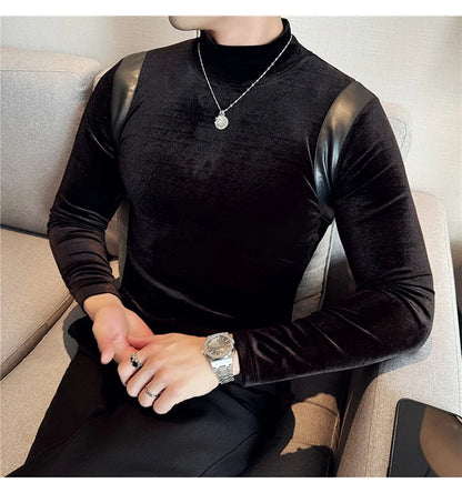 Turtleneck Stretch Slim-fit T-shirt Men Long Sleeve Thicken Elastic Velvet Retro Fashion Casual Tshirt Handsome Man T Shirts Street King Limited