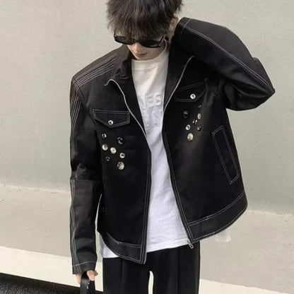 spring retro irregular button mens jacket shoulder pad design trend high street coats motorcycle fashion stand collar outwear unique default style 3866