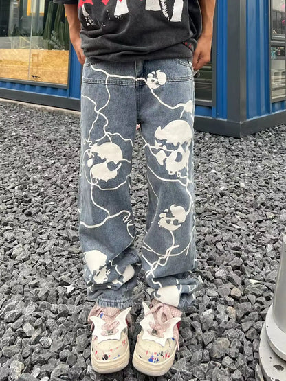 fashion lightning skull printed denim jeans mens unisex casual zipper straight jeans streetwear hip hop y2k jean pants joggers unique joggers style 5195