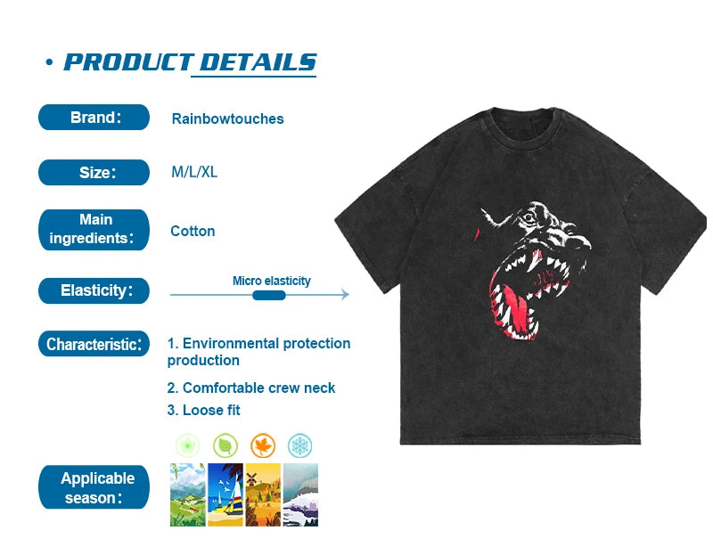 Rainbowtouches Summer T-shirts Oversized Men Fashion Acid Wash T-Shirt Loose Hip Hop High Street Style Unisex Quality Clothing Street King Limited
