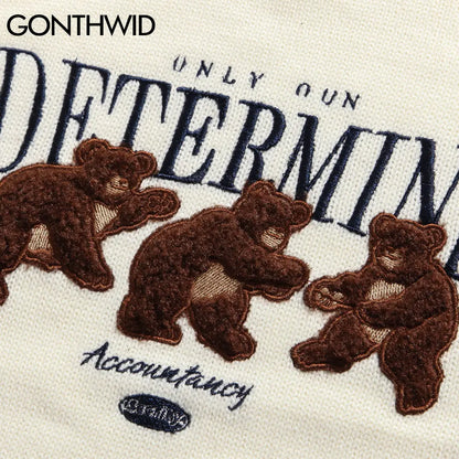 GONTHWID Bear Patchwork Striped Knitted Jumpers Sweaters Streetwear Hip Hop Harajuku Casual Pullover knitwear Mens Fashion Tops Street King Limited