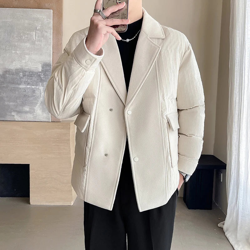 winter splice wool suit collar padded cotton jacket men business casual fashion loose thick warm parkas jacket coat outerwear relaxed fit trousers