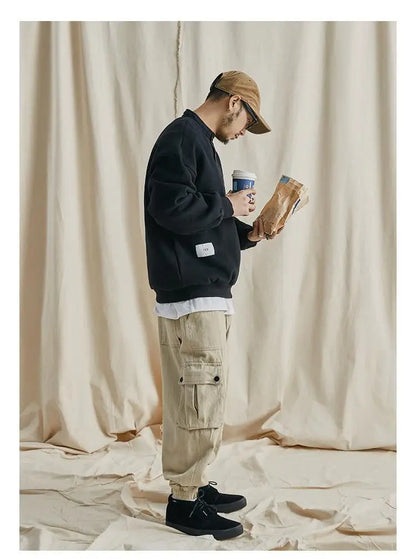 Trendy brand sweatshirt men's Japanese style loose stand collar hoodless pullover long sleeve versatile autumn and winter style Street King Limited