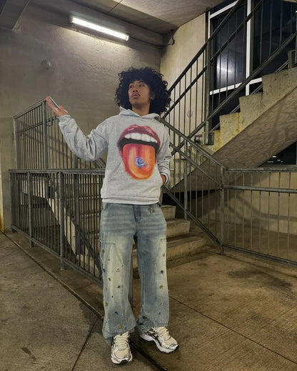 2024 Summer New Fashion Big Lips Printed Oversized Hoodie Men's Y2K Street Hip Hop Harajuku Loose Long Sleeve Pullover Women's Street King Limited