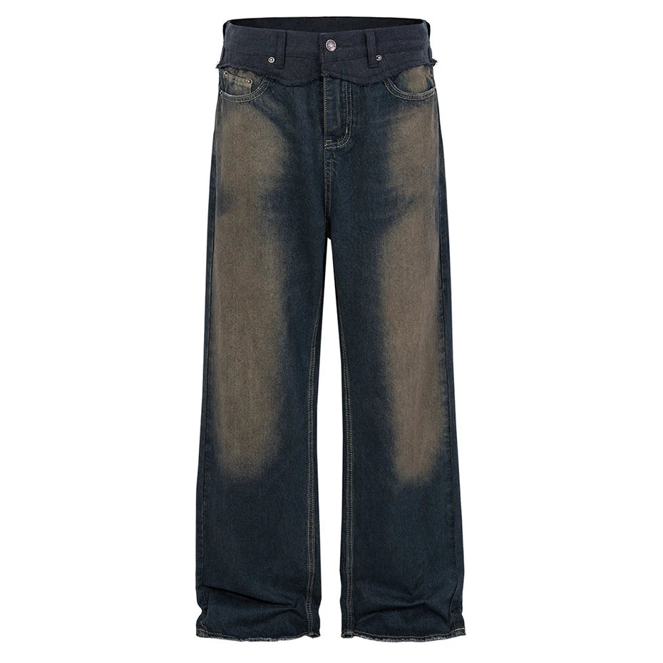 men vintage blue jeans luxury designer patchwork baggy denim pants loose straight jeans trousers stacked flare jeans