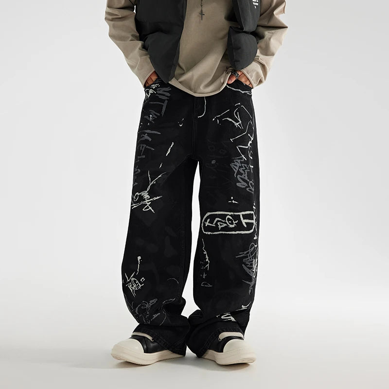 fashion graffiti printed denim jeans men unisex casual zipper wide legs straight jeans streetwear hip hop baggy pants joggers sporty tapered joggers