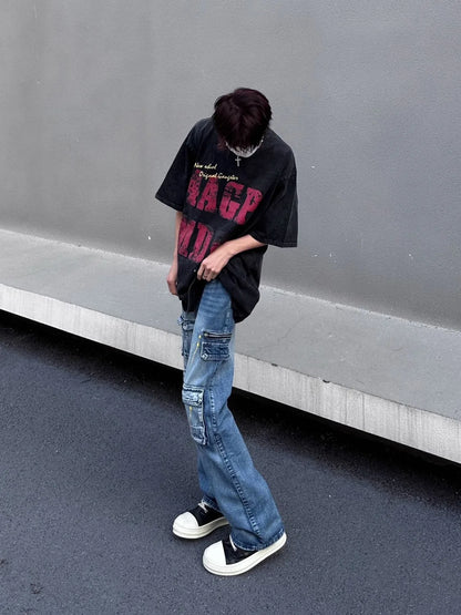 Cotton American Street Letter Rupture Printed T shirt Fashion Personalized Men and Women Hip Hop Loose oversized T shirt Top Street King Limited