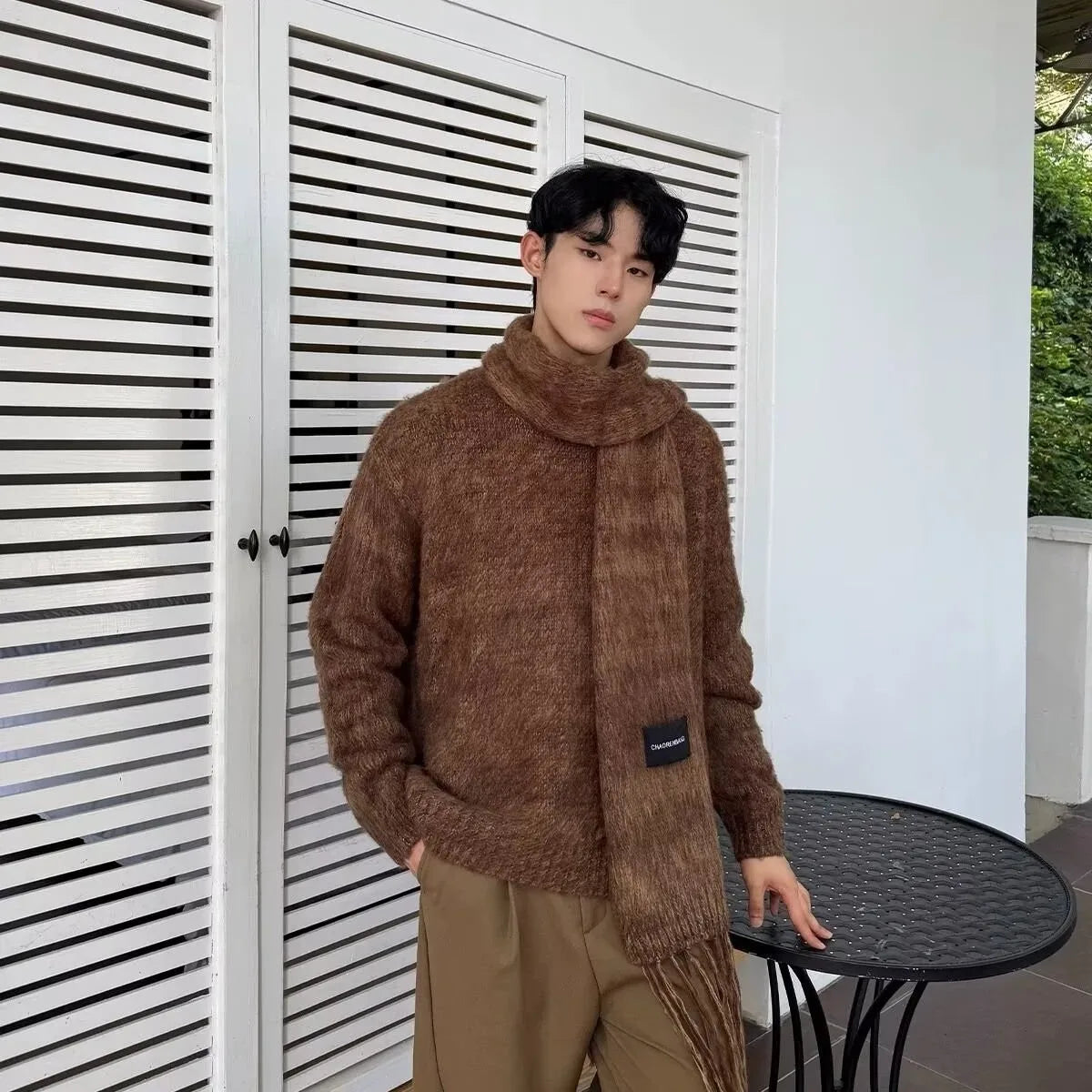 Autumn Warm Sweater Mens Korean Street Simplicity Round Neck Pullover+Solid Color Scarf Two-piece Set Casual Knitted Tops Trend Street King Limited
