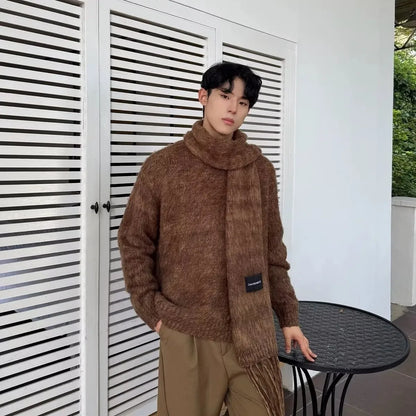 Autumn Warm Sweater Mens Korean Street Simplicity Round Neck Pullover+Solid Color Scarf Two-piece Set Casual Knitted Tops Trend Street King Limited