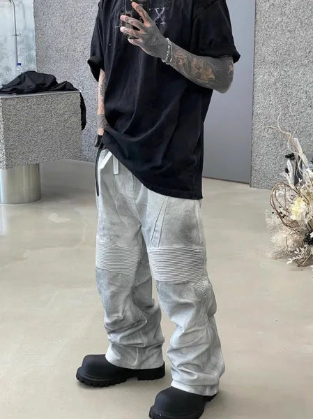 pleat patchwork dir wash racing pants mngu washed distressed white straight overalls dirfit loose trousers unique default style 1327