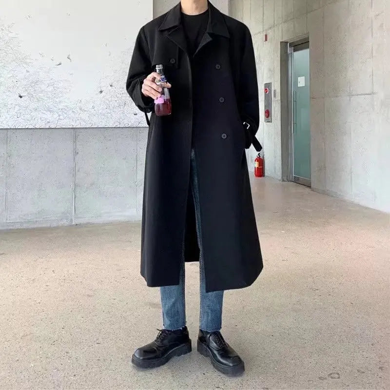 Khaki Black Trench Coat Men Fashion Autumn Oversized Long Coat Men Korean Loose Windbreaker Jacket Mens Overcoat M-2XL Street King Limited
