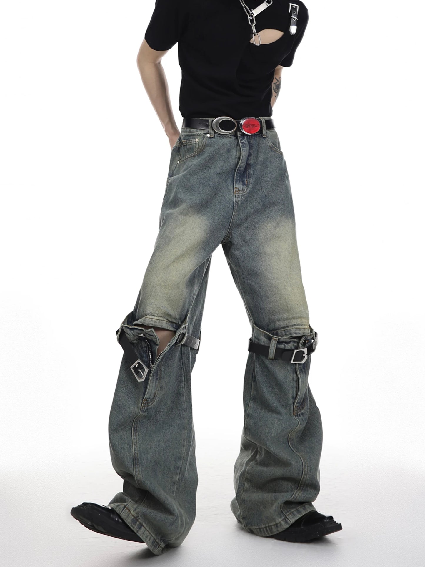 mens knee patchwork belts denim jeans unisex hip hop fashion streetwear harajuku loose flare straight y2k jean pants joggers unique joggers style 3283