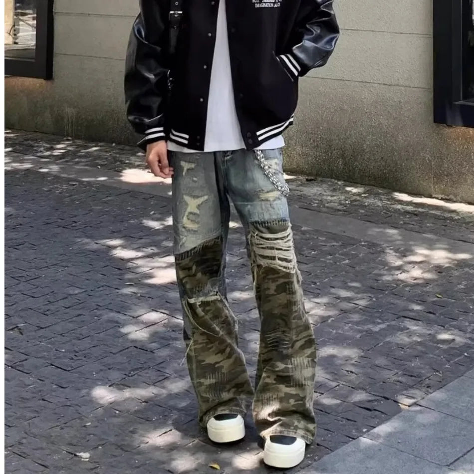 Trendy Camo Cowboy Cargo Pants Mens Spring Autumn Elasticity Fashion Harajuku Patchwork Straight Jeans New Washed Denim Trousers Street King Limited